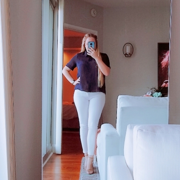 💙 zara navy semi sheer roll sleeve button down - Picture 2 of 5